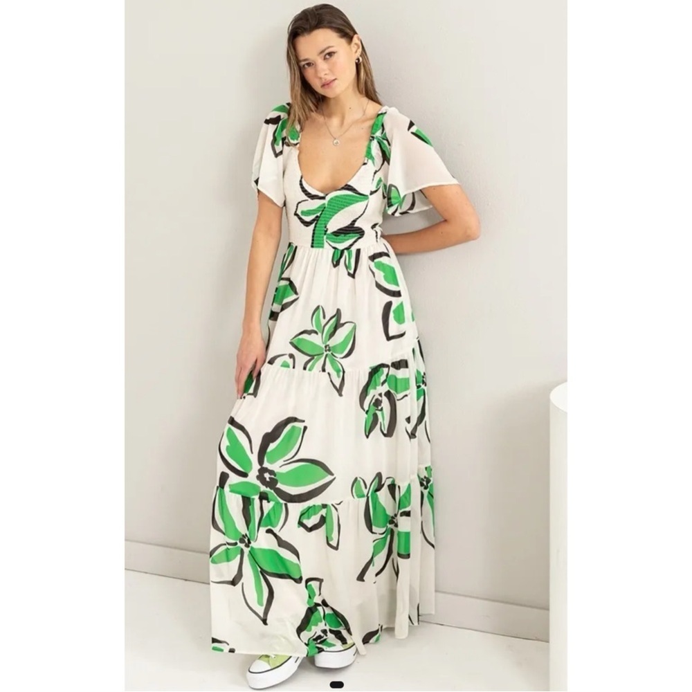 On the land Green and White floral Maxi Dress size Large